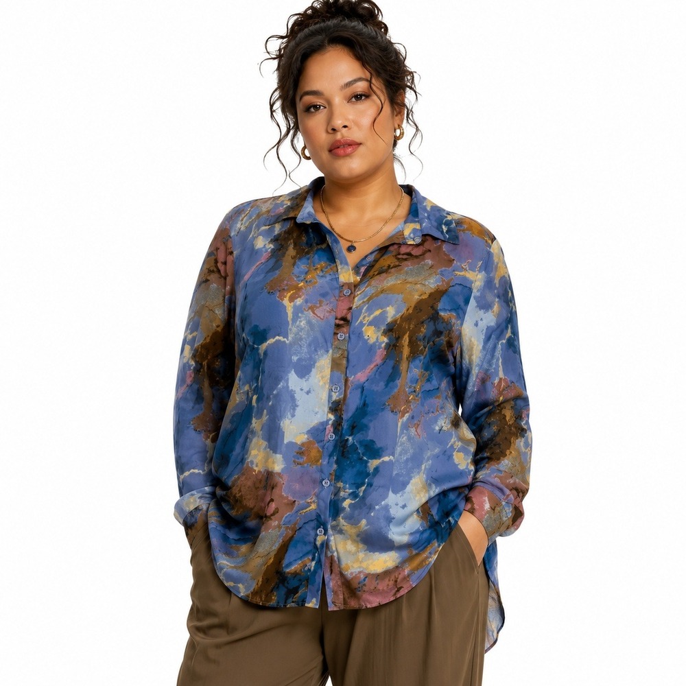 Millenium Colorfuk Artsy Button Down Shirt Blue Abstract Lightweight Size 1X